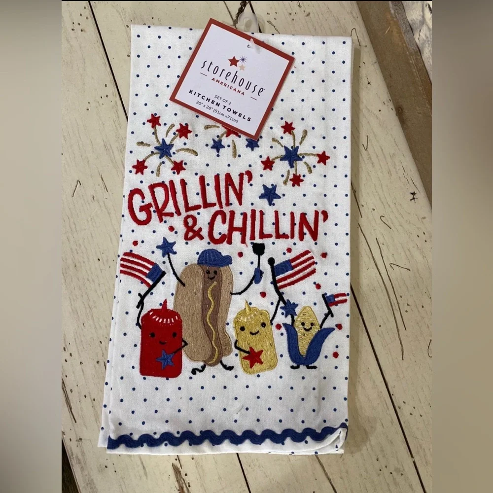 Storehouse Americana Kitchen Towel Set -Embroidered Grillin and Chillin LAST SET